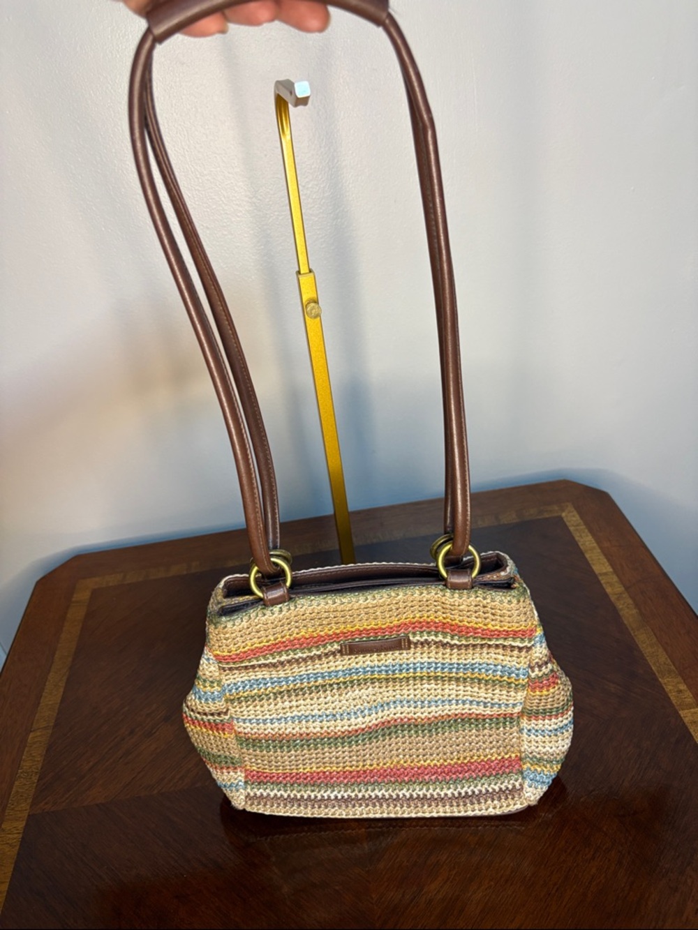 Multicolor Woven Shoulder Bag with Brown Straps